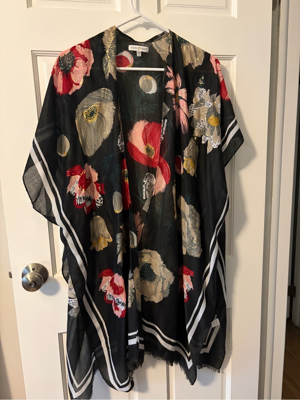 Woven Heart Black Floral Sheer Top with Pink and Green Accents